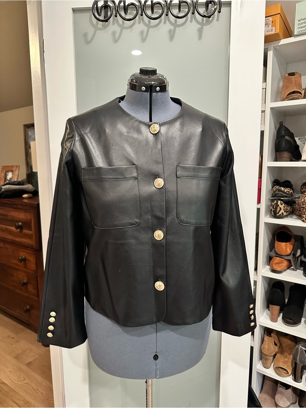 Women’s Beautiful, Soft Classic Black Vegan Leather Button-Front Jacket